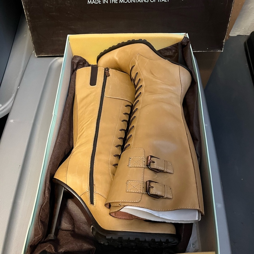 Donald J. Pliner Camel Leather Lace Up Tall Heeled Boots NWT
